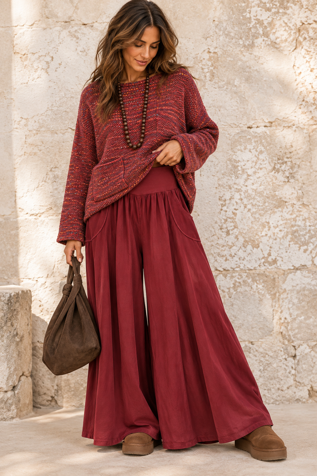 Marlow Needlecord Wide Leg Trousers Wine