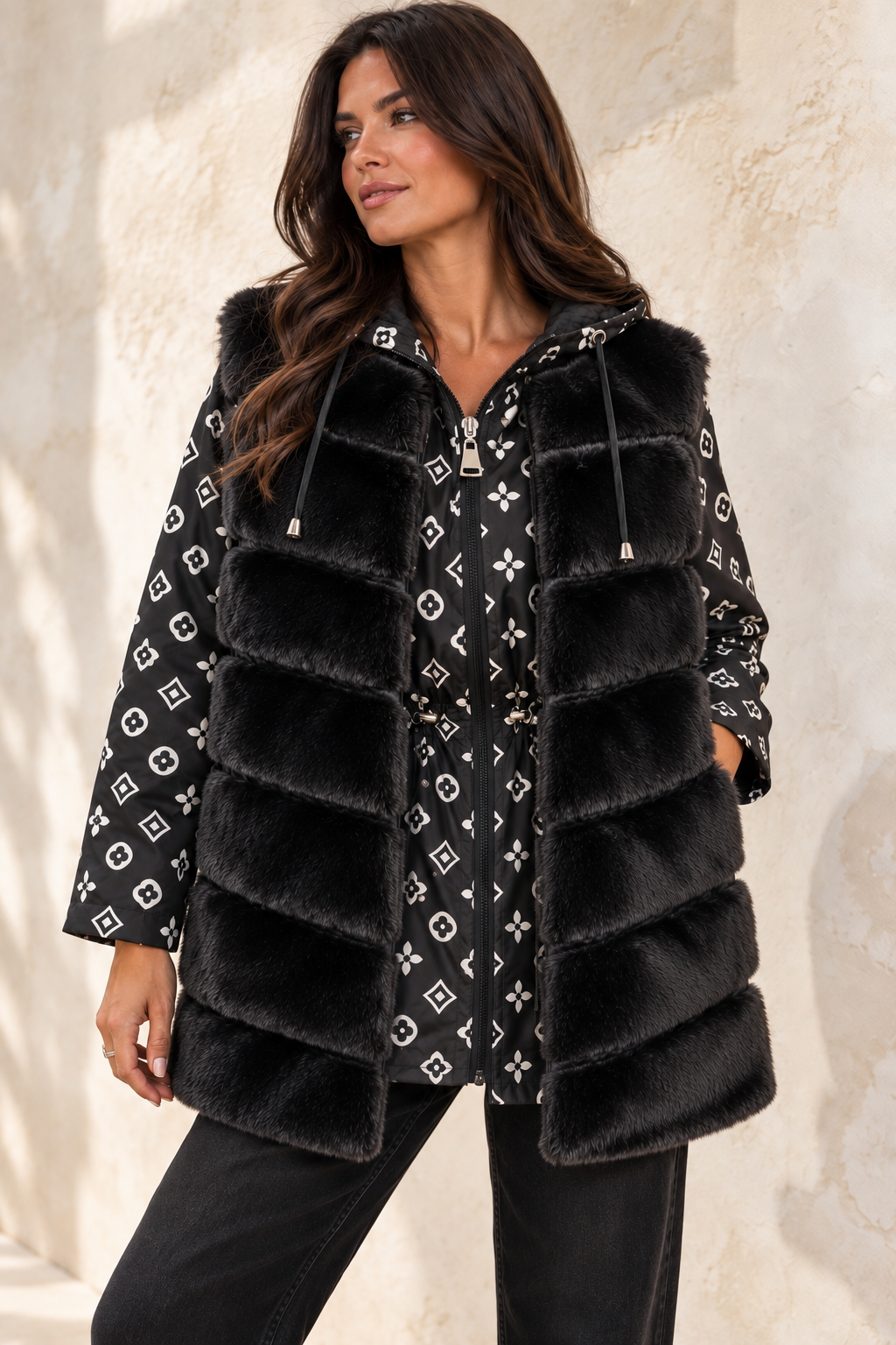 Thea Faux Fur Panel Gilet Black