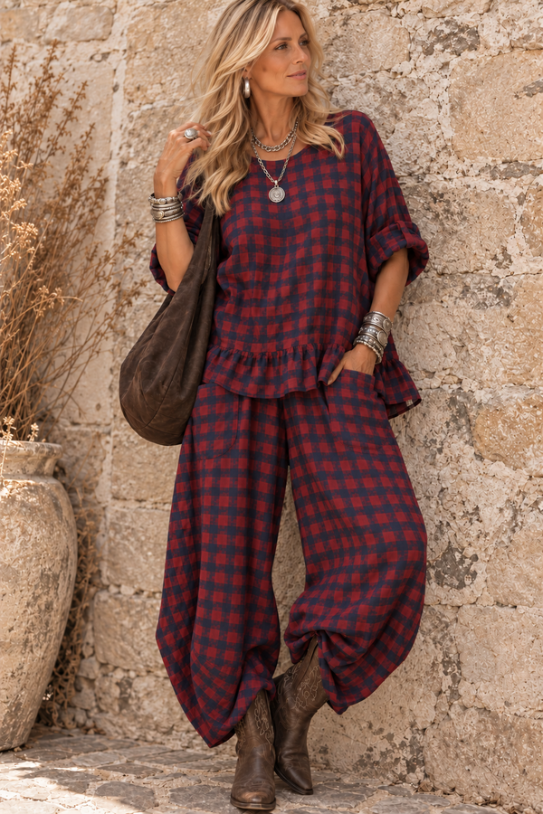 Rosana Checked Barrel Leg Trousers Red