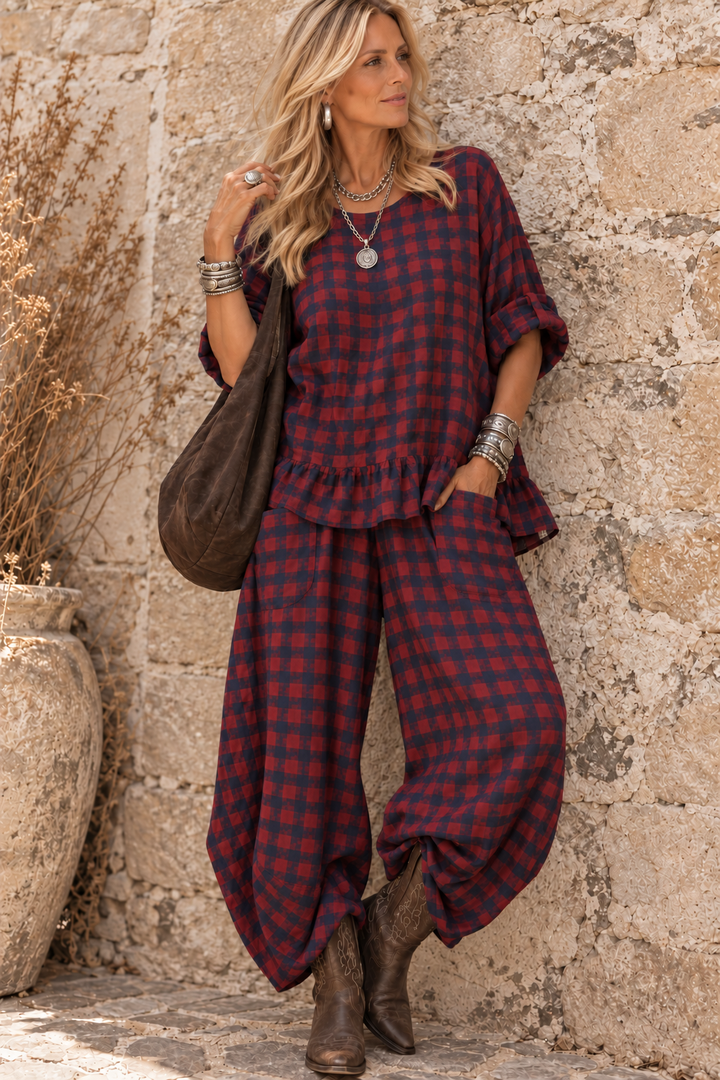 Rosana Checked Barrel Leg Trousers Red