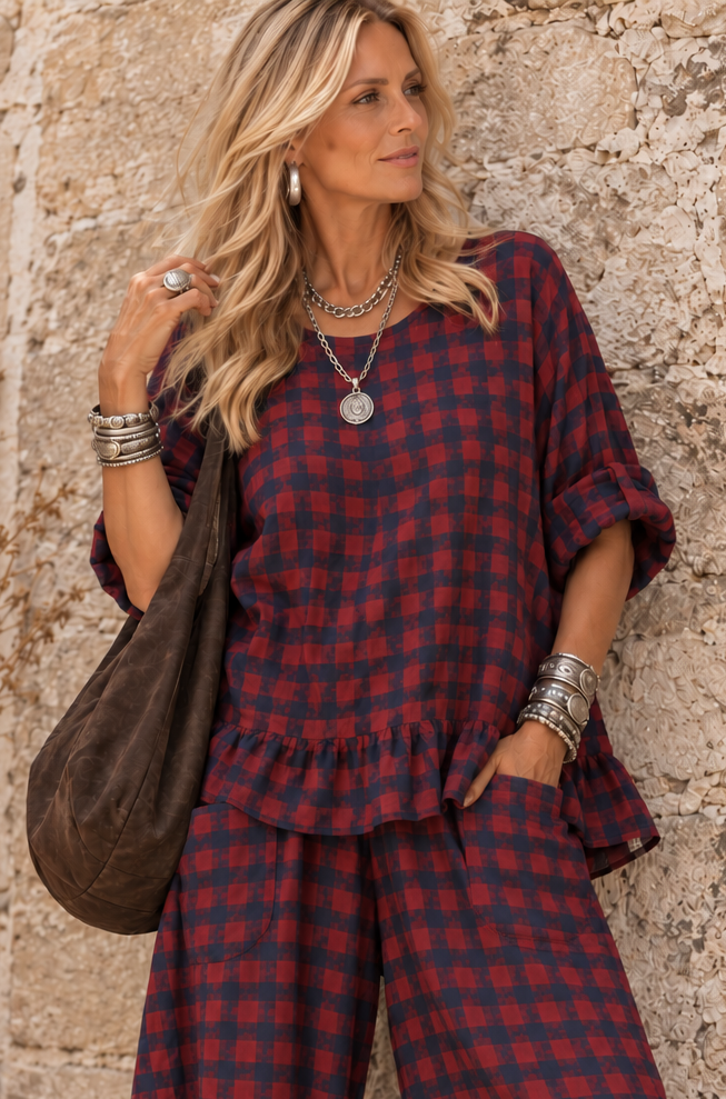 Rosana Checked Frill Top Red