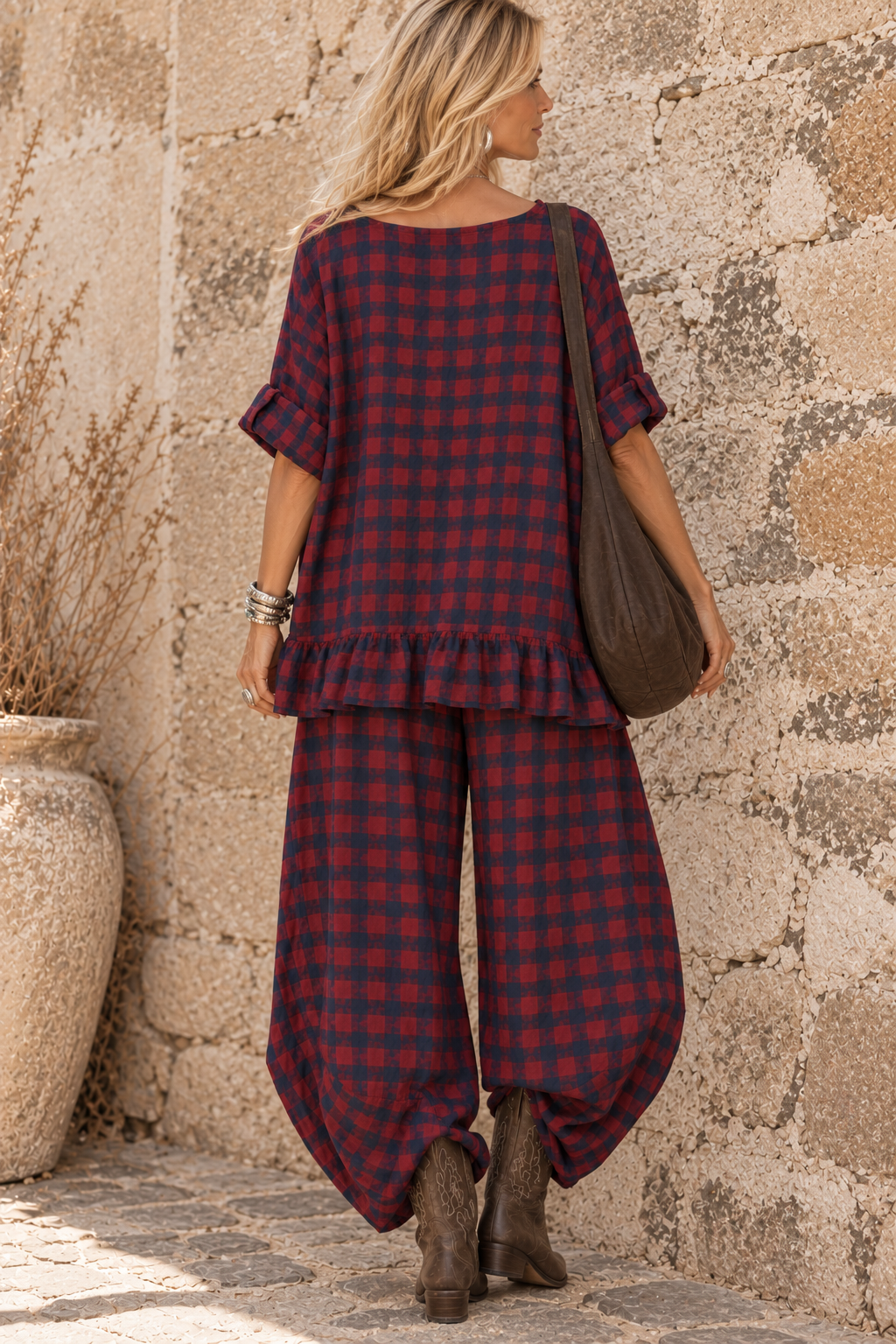 Rosana Checked Frill Top Red