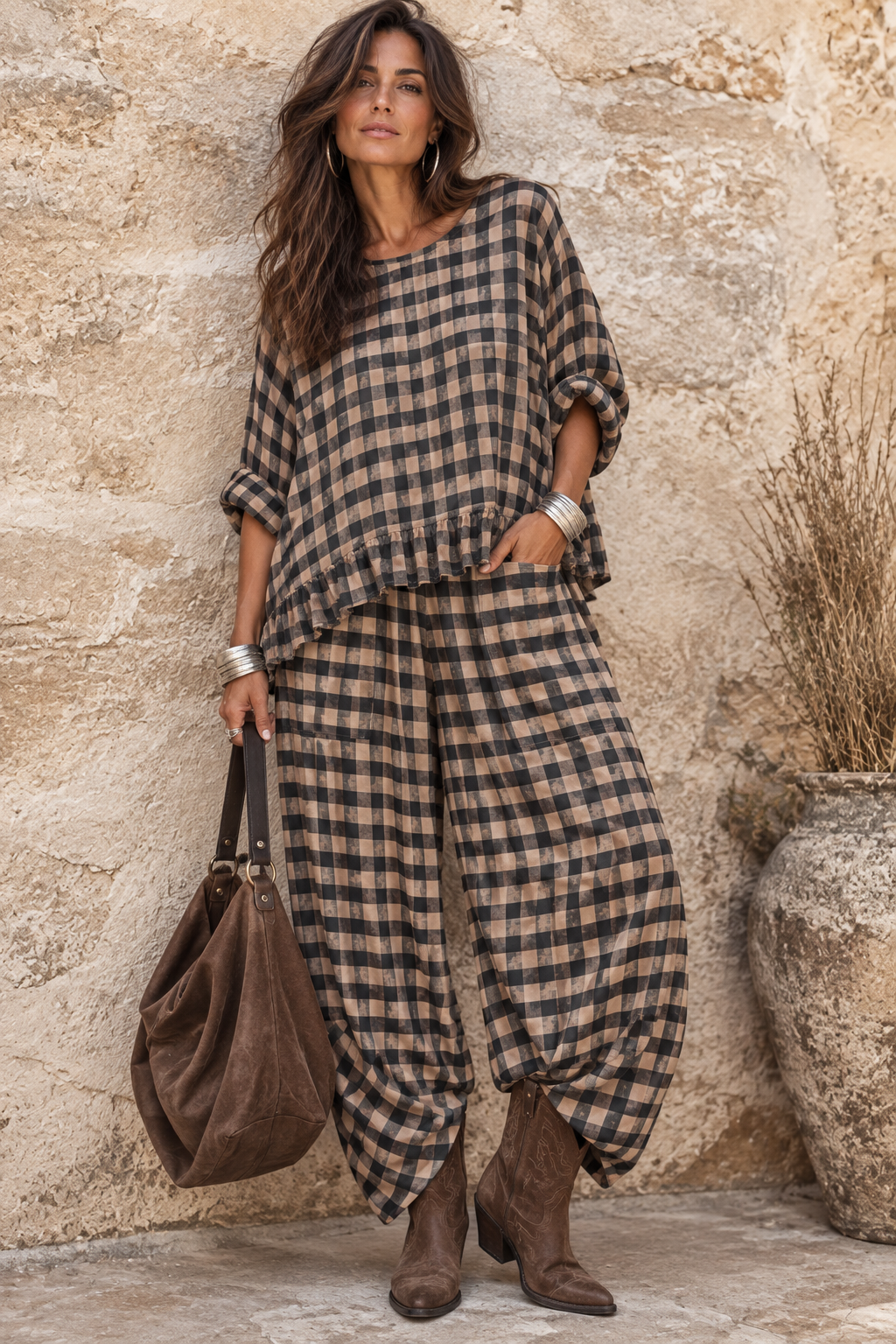 Rosana Checked Barrel Leg Trousers Chocolate