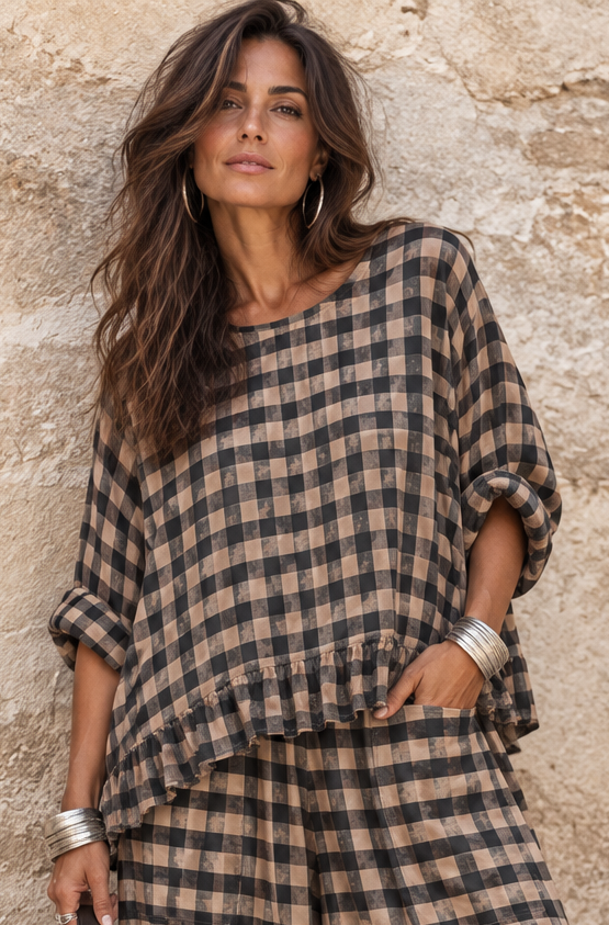 Rosana Checked Frill Top Chocolate
