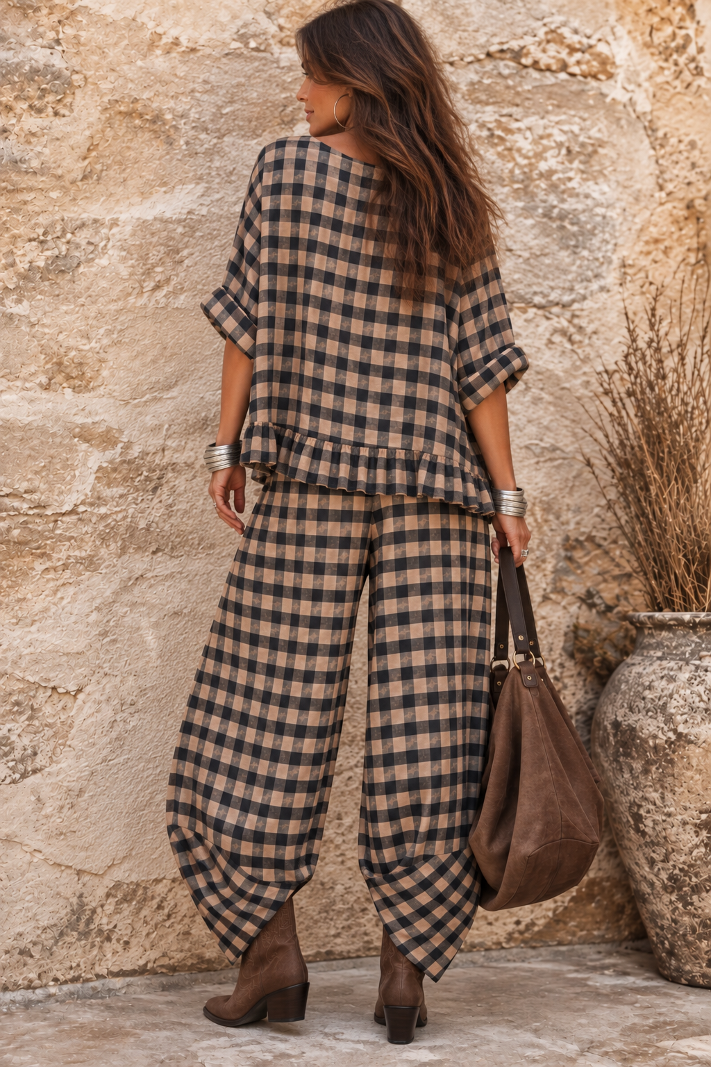 Rosana Checked Barrel Leg Trousers Chocolate