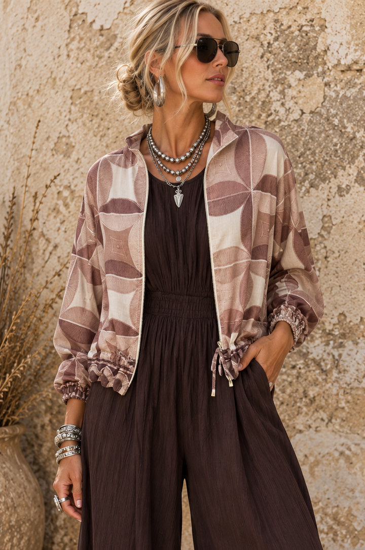Mia Geometric Zip Jacket Chocolate