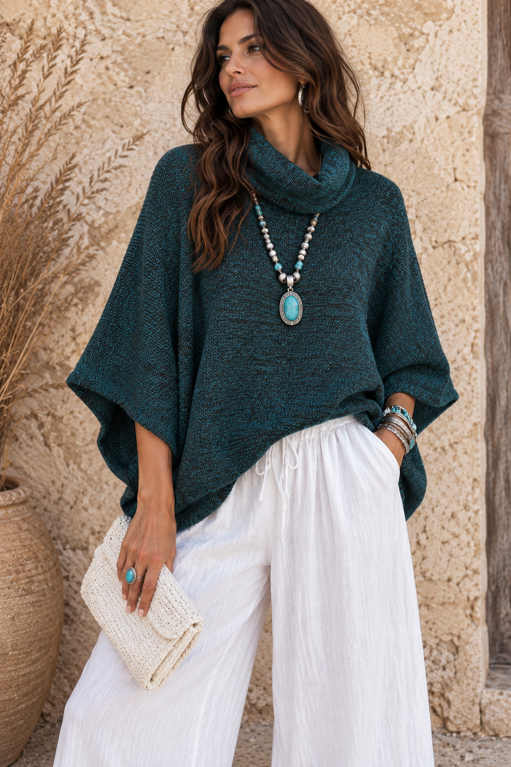 Teal Cowl Poncho Top