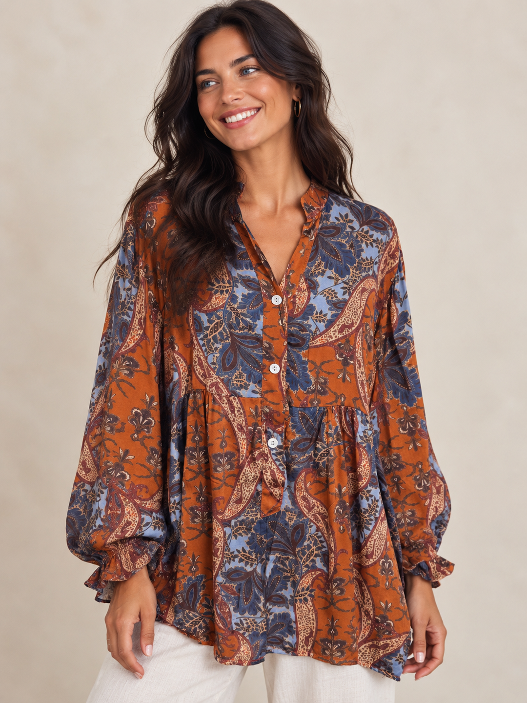 Bianca Paisley Buttoned Top Rust