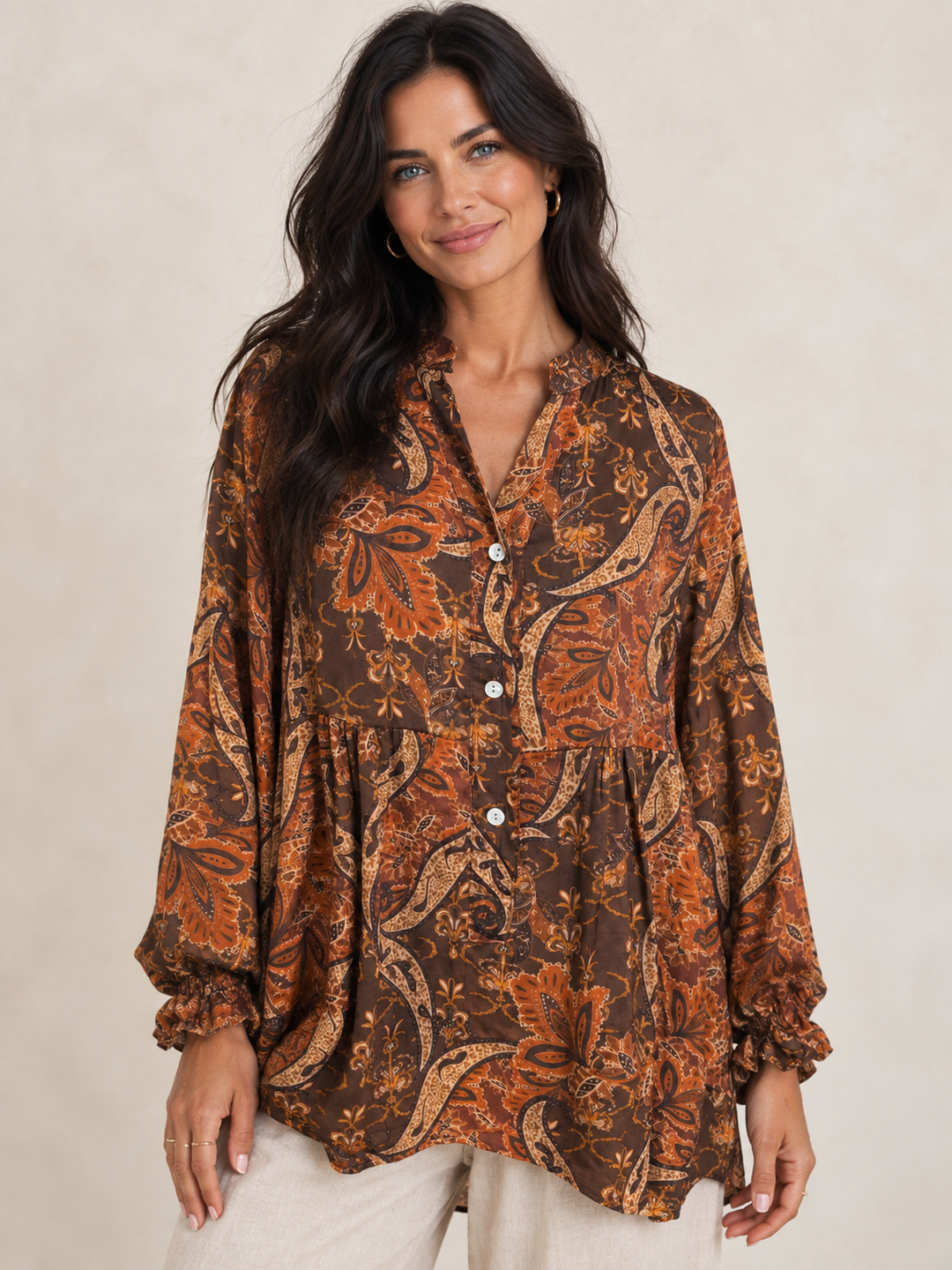 Bianca Paisley Buttoned Top Chocolate
