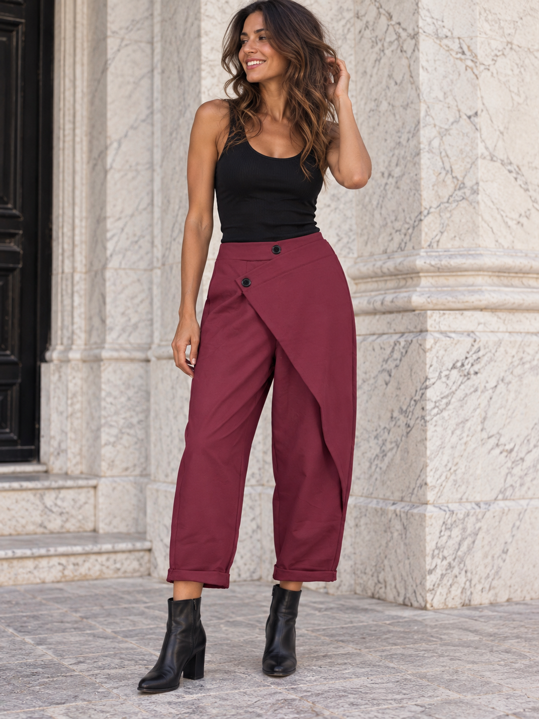 Clara Asymmetric Wrap Trousers Plum