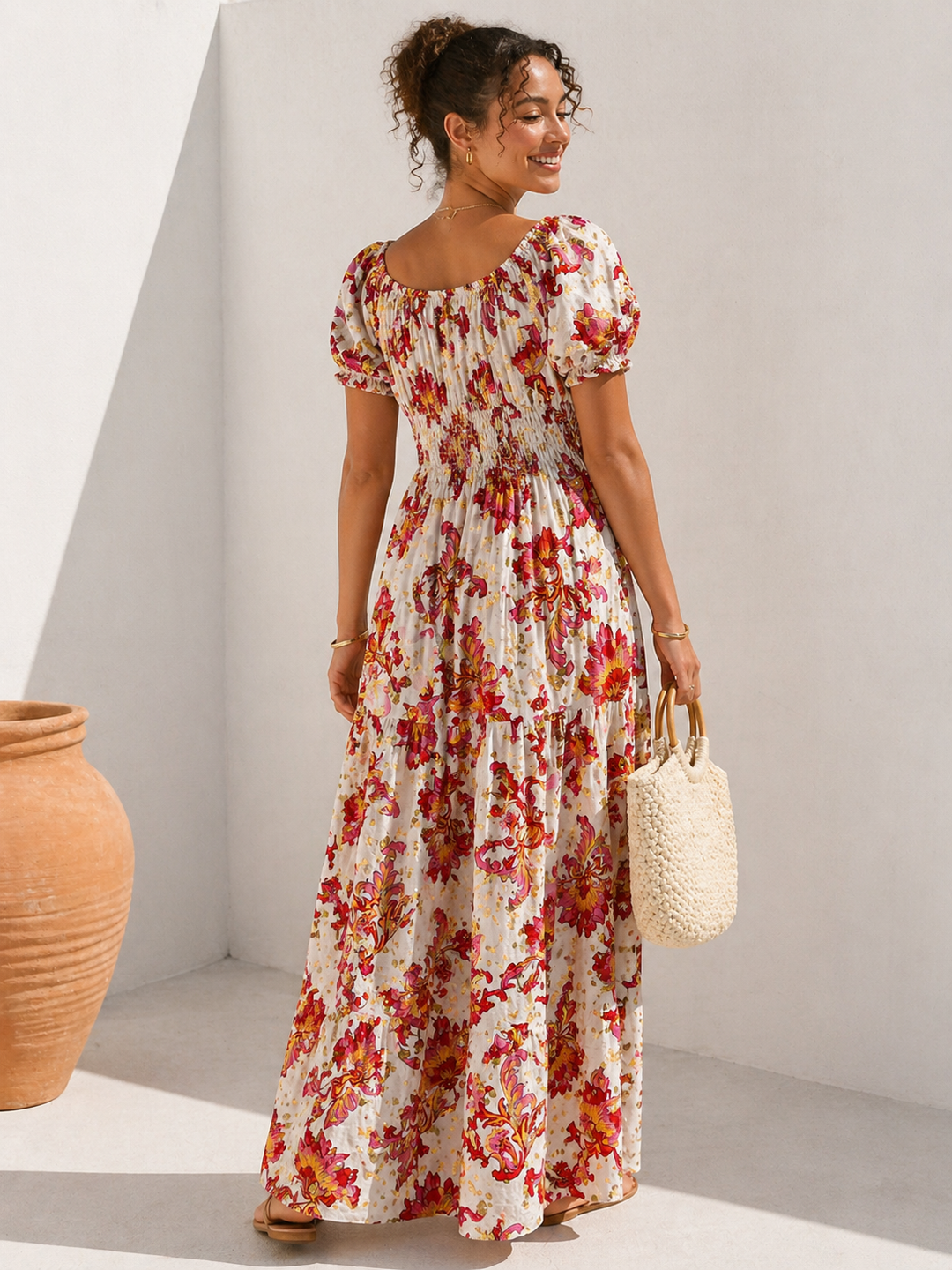 Mara Shirred Maxi Dress Pink & Red
