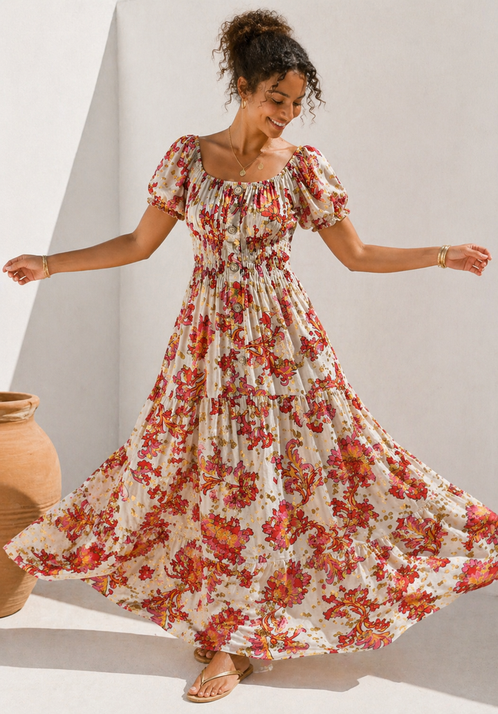 Mara Shirred Maxi Dress Pink & Red