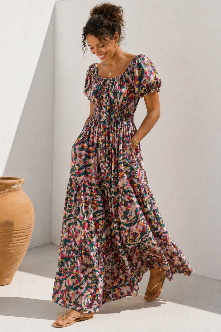 Mara Shirred Maxi Dress Emerald, Red & Gold