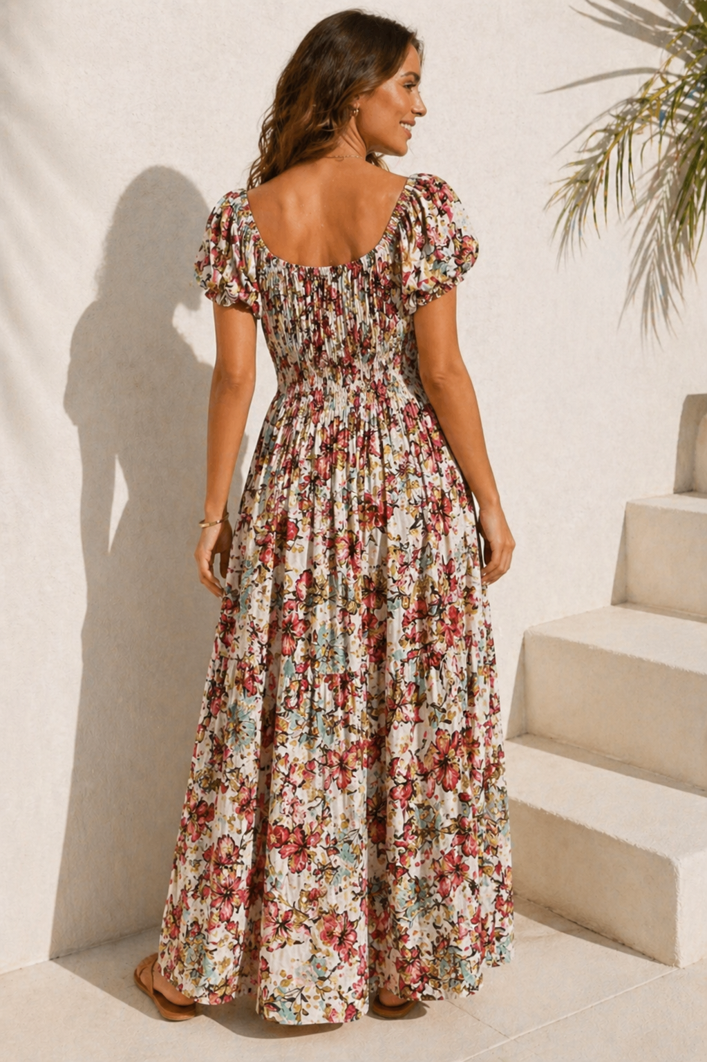 Mara Shirred Maxi Dress Pink & Aqua