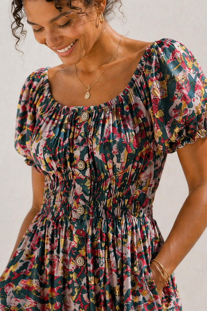 Mara Shirred Maxi Dress Emerald, Red & Gold
