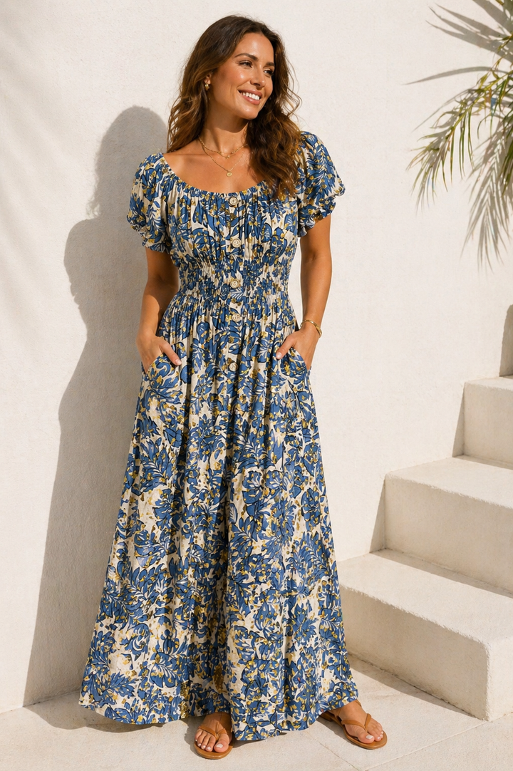 Mara Shirred Maxi Dress Blue