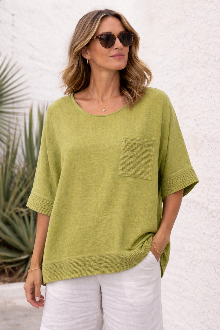 Larissa Linen Mesh Panel Top Pistachio