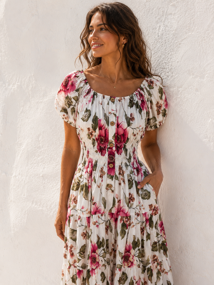 Peony Splash Midi Dress White