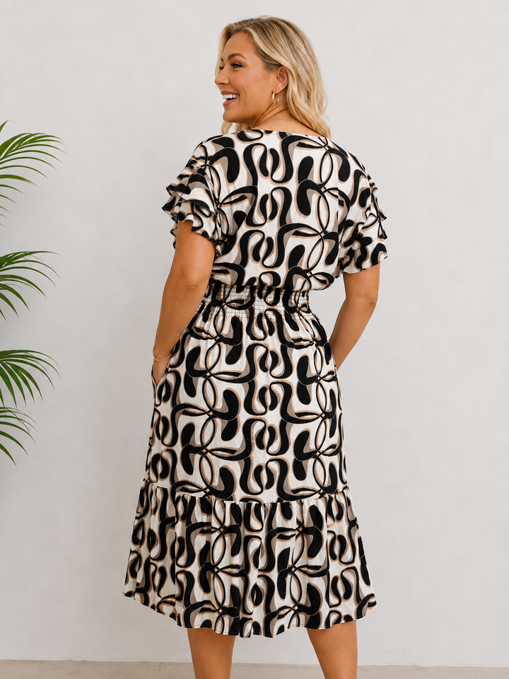 Adelina Abstract Swirl Midi Dress Black