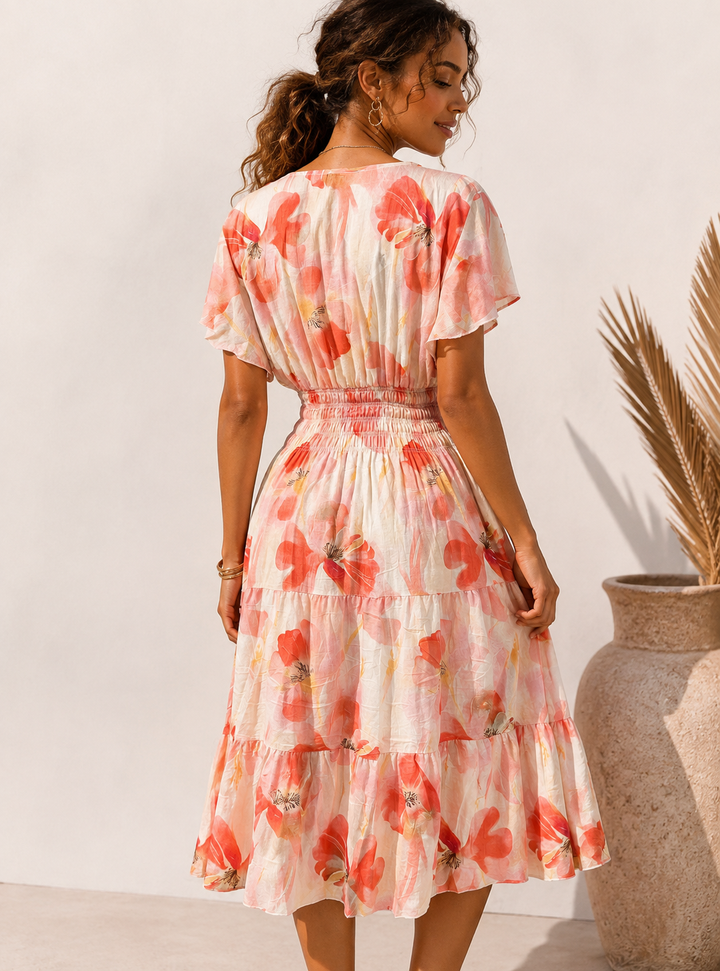 Mahana Floral Midi Dress Peach
