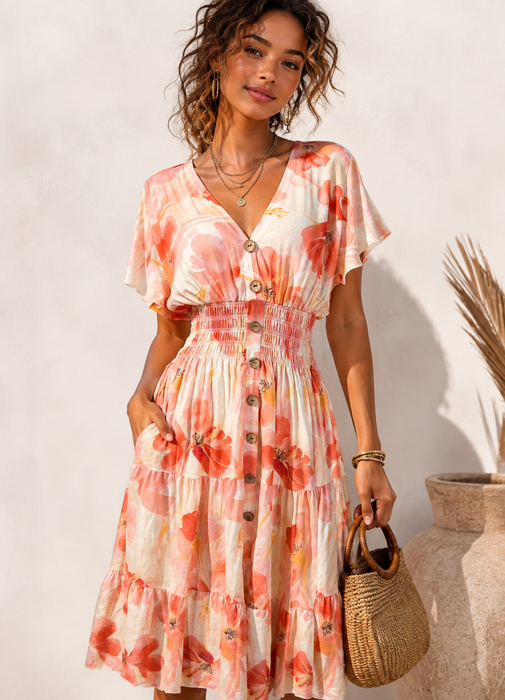 Mahana Floral Midi Dress Peach
