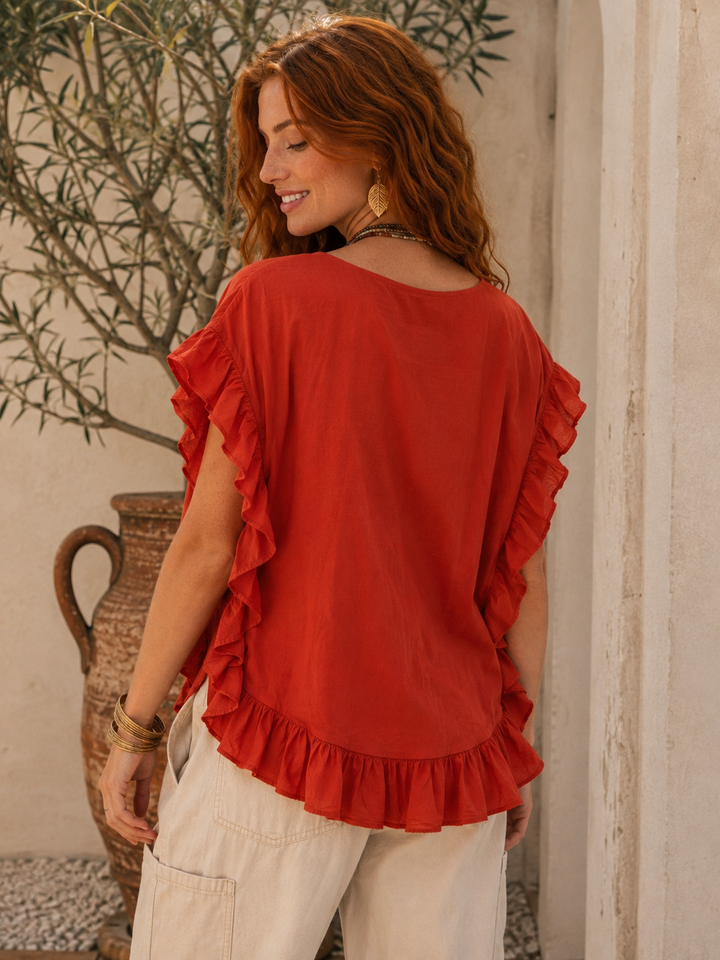 Falena Frill Top Terracotta
