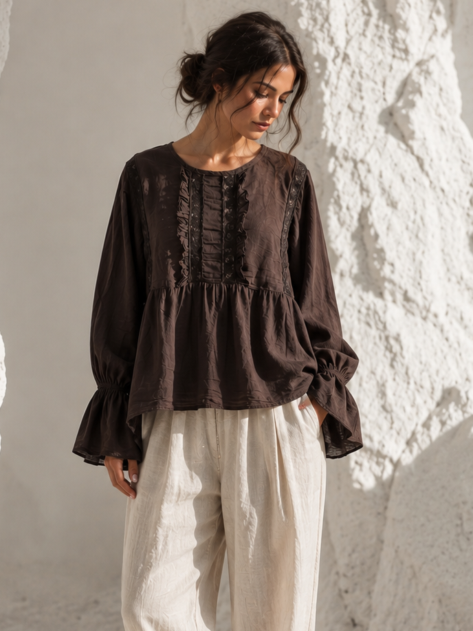 Rowena Boho Lace Detail Top Chocolate