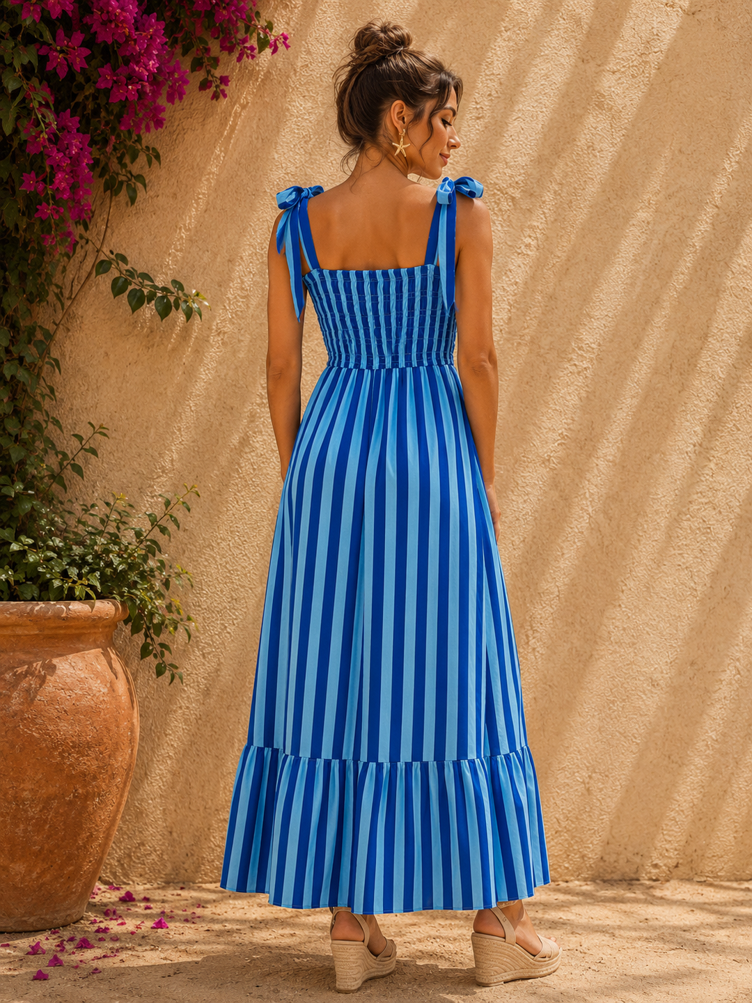 Bow Strap Stripe Dress Blue