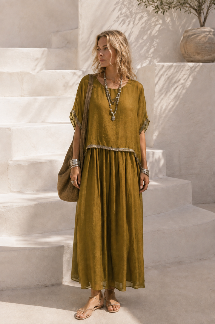 Amora Sequin Sheer Dress Mustard
