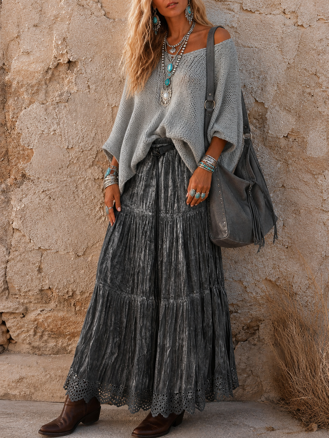Zola Boho Velvet Skirt Pewter