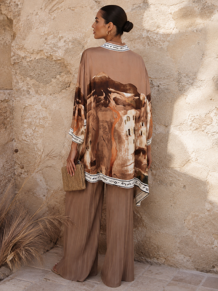 Long Tuscan Print Blouse Coffee