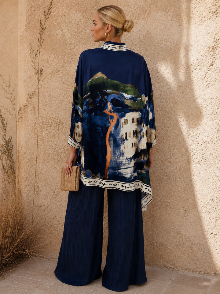Long Tuscan Print Blouse Navy