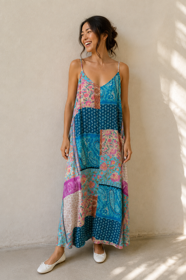 Kimbra Patchwork Maxi Dress Aqua