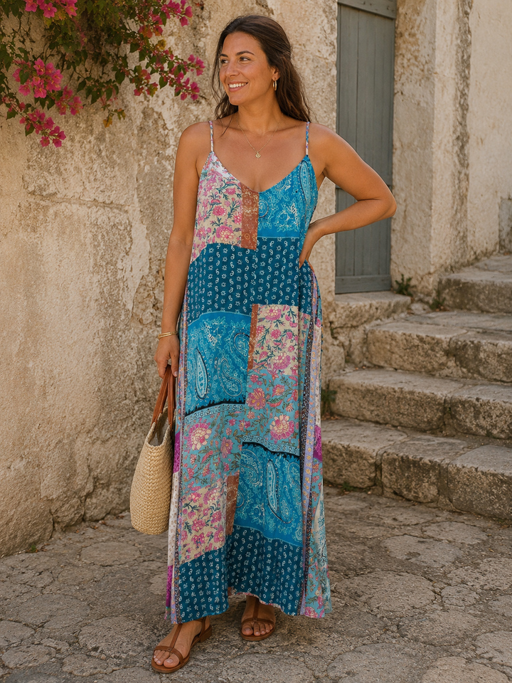 Kimbra Patchwork Maxi Dress Aqua