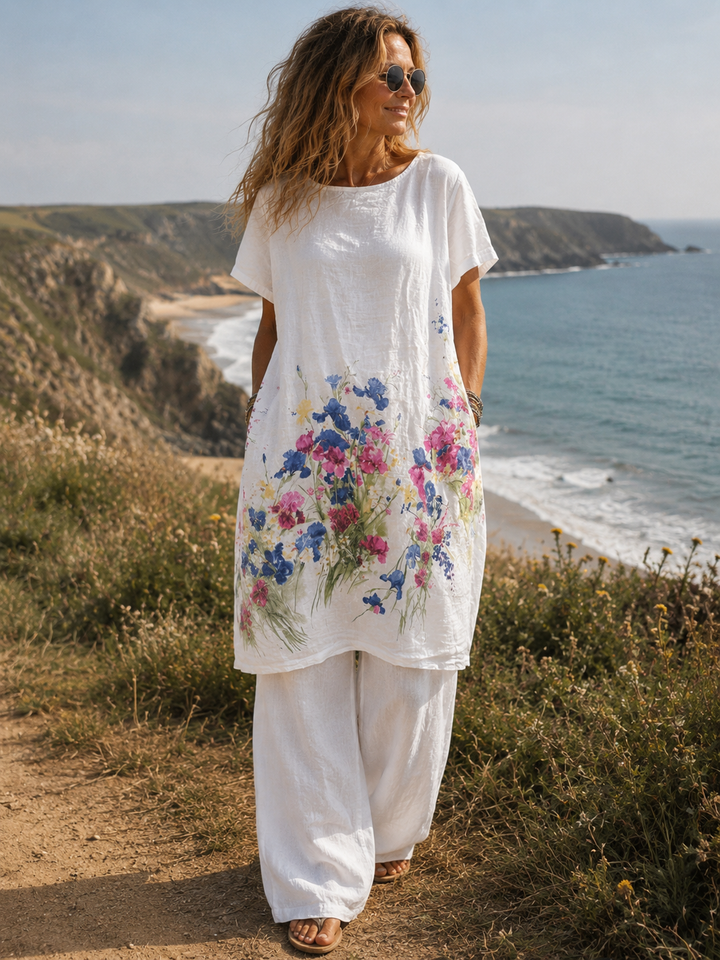 Summer Bloom Linen Tunic Dress White