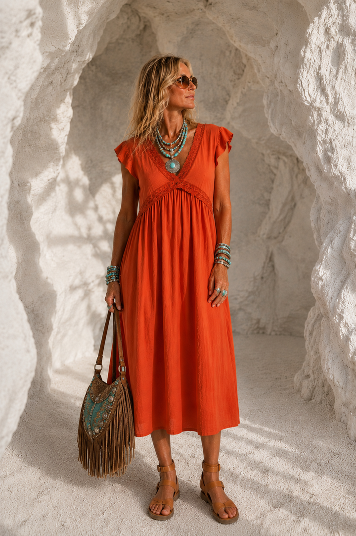 Mischa Lace Trim Dress Rust