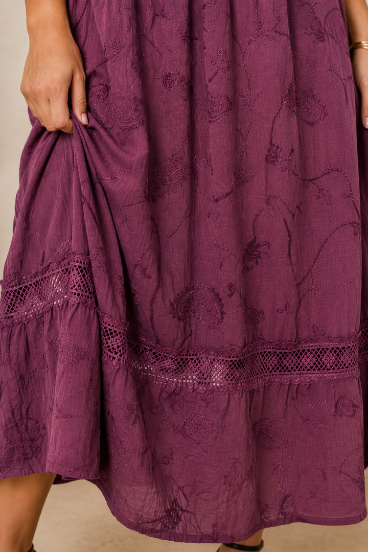 Ada Paisley Embroidered Dress Burgundy