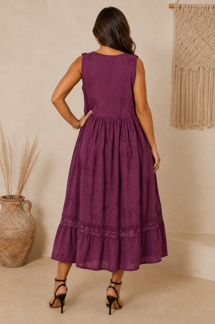 Ada Paisley Embroidered Dress Burgundy