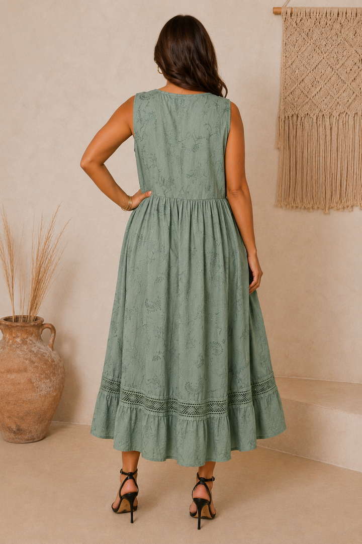 Ada Paisley Embroidered Dress Khaki