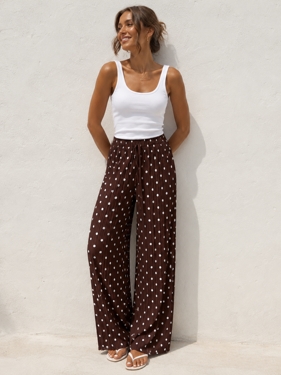 Polly Pleat Polka Dot Trousers Chocolate