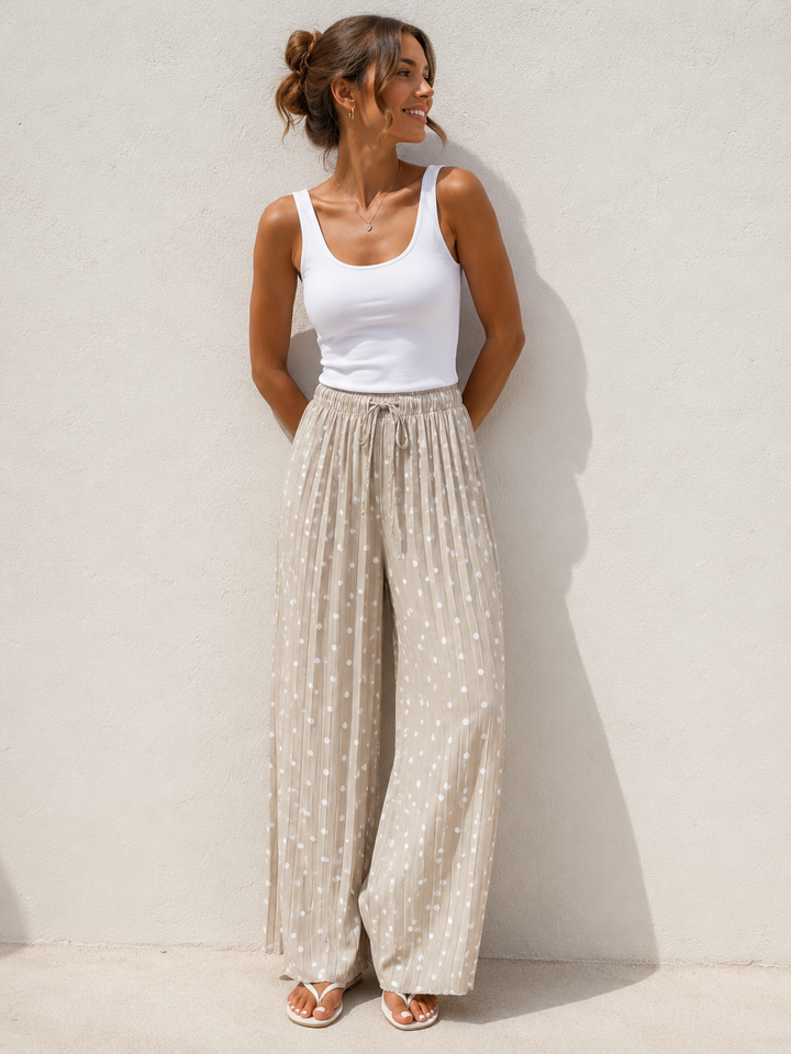 Polly Pleat Polka Dot Trousers Beige