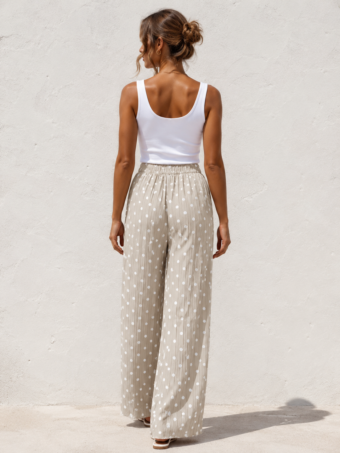 Polly Pleat Polka Dot Trousers Beige