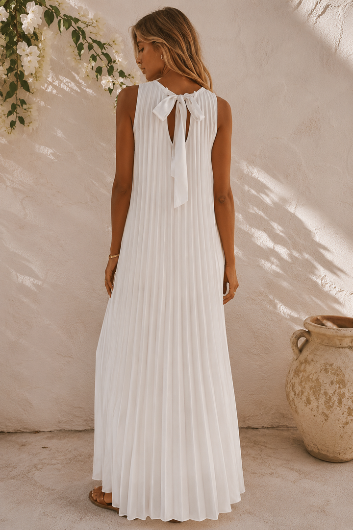 Rossella Pleated Bow Dress White