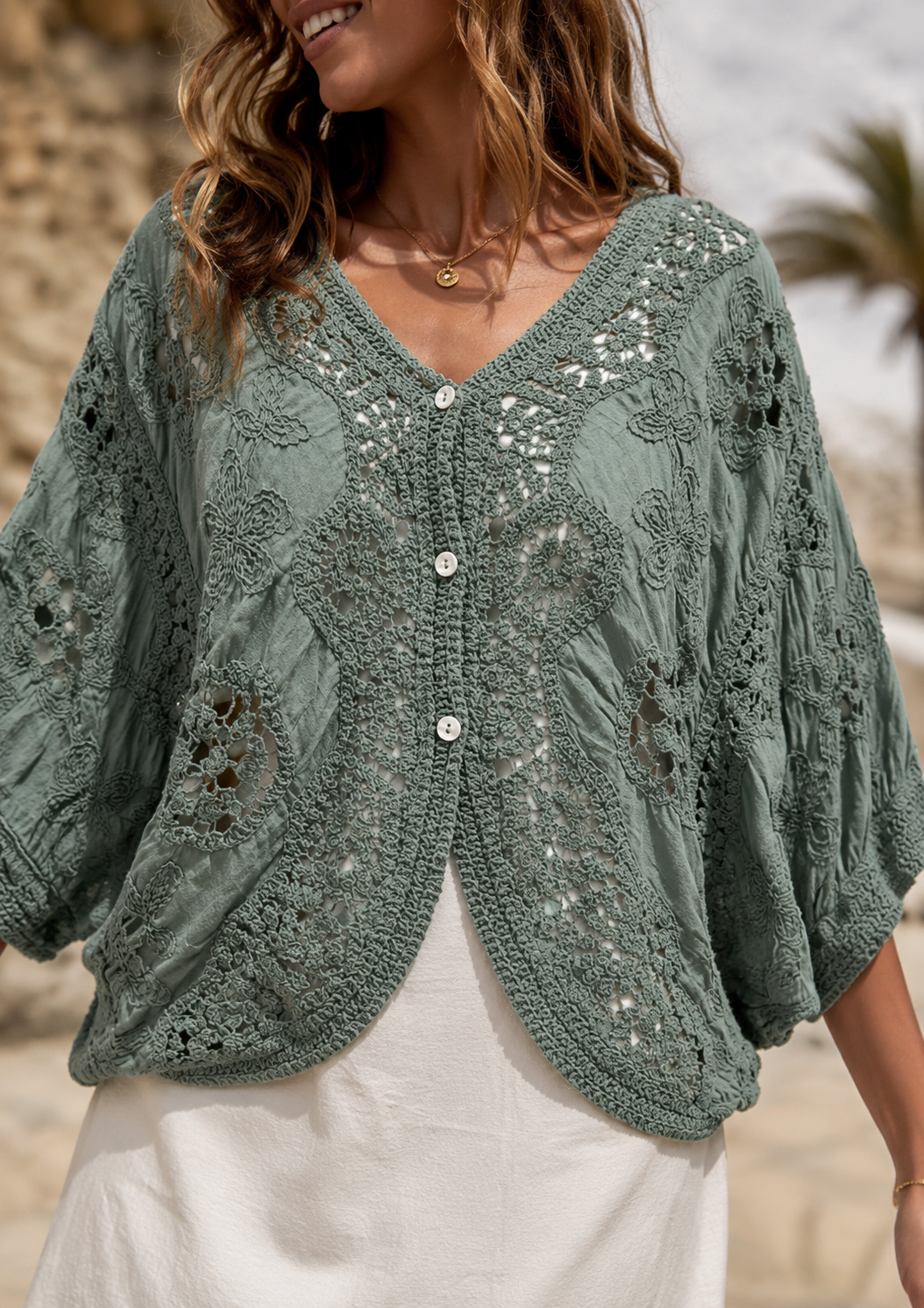 Chia Crochet Batwing Cardigan Khaki