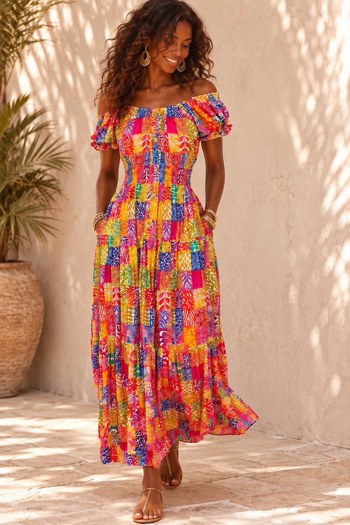 Tropical Patchwork Bardot Maxi Dress