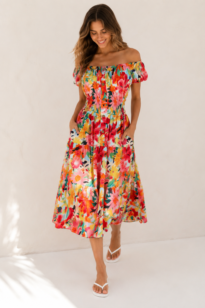Floral Splash Midi Dress Pink