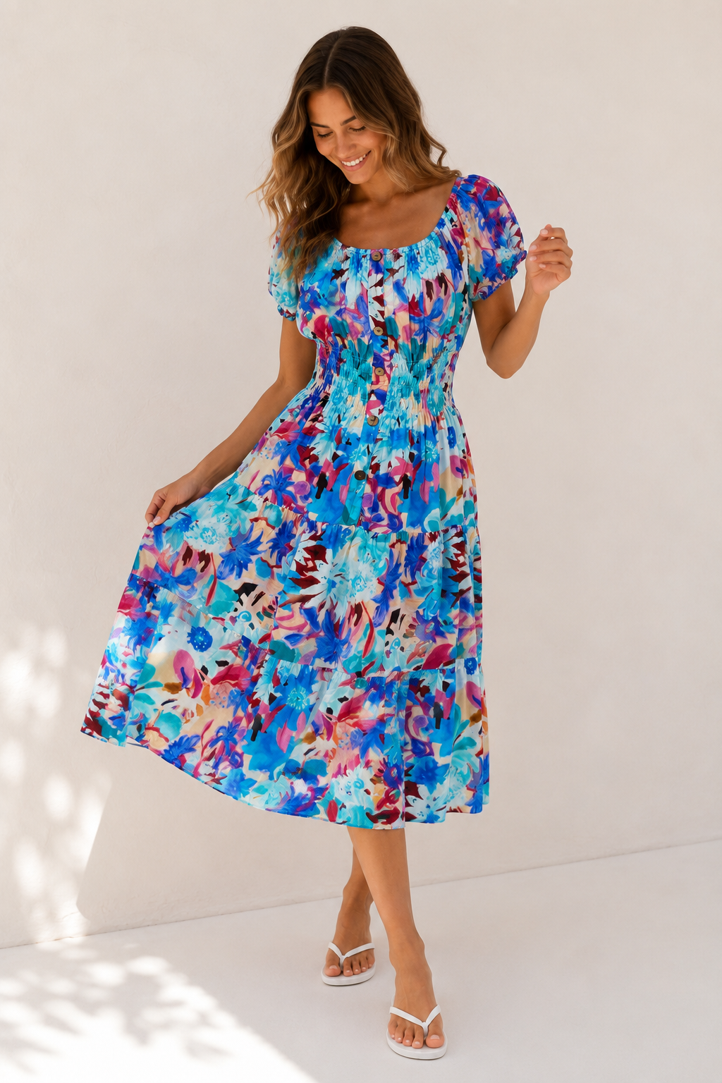 Floral Splash Midi Dress Blue