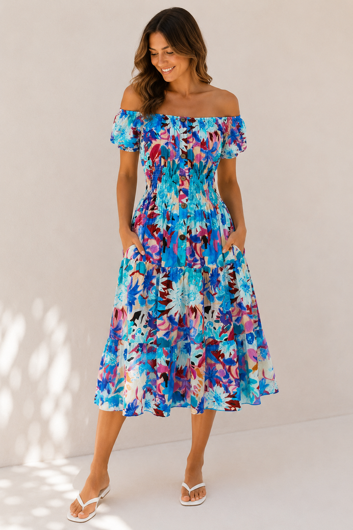 Floral Splash Midi Dress Blue