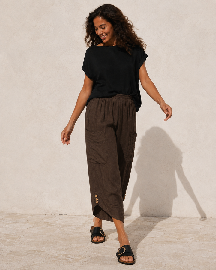 Kayla Linen Cropped Trousers Chocolate