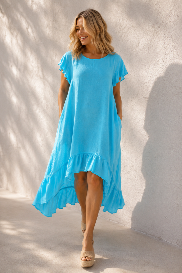 Alexia Linen Frill Dress Turquoise